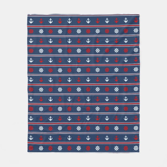 Couverture Polaire Motif nautique blanc et bleu rouge (Devant)