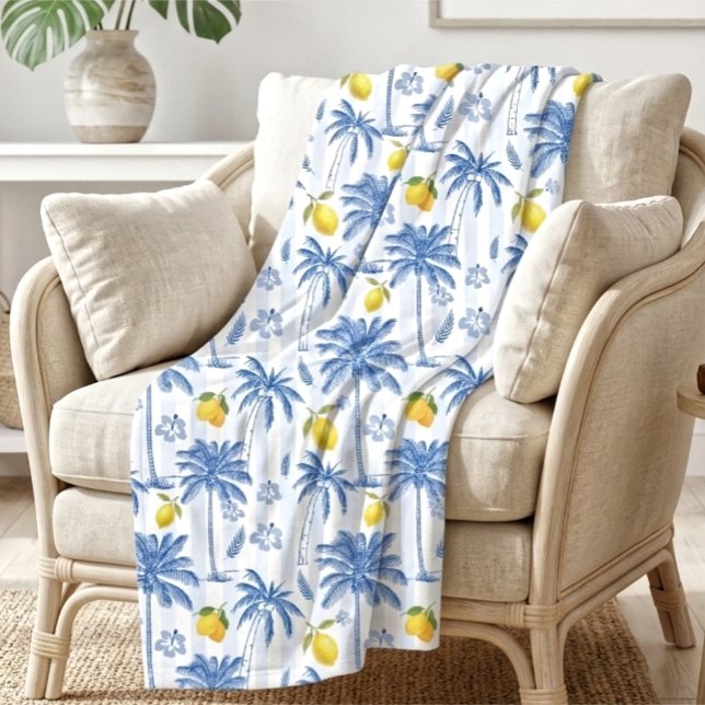 Couverture Polaire Motif Palmiers Citrons Toile Bleue (Créateur téléchargé)