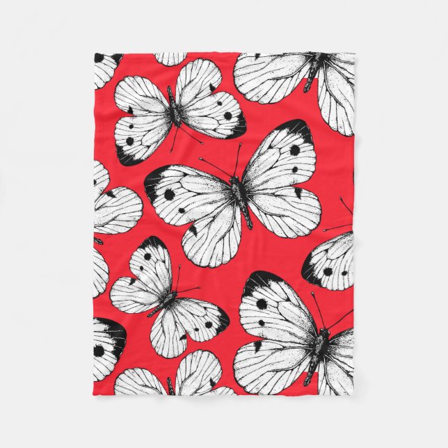 Couverture Polaire Motif papillon de chou sur rouge (Devant)