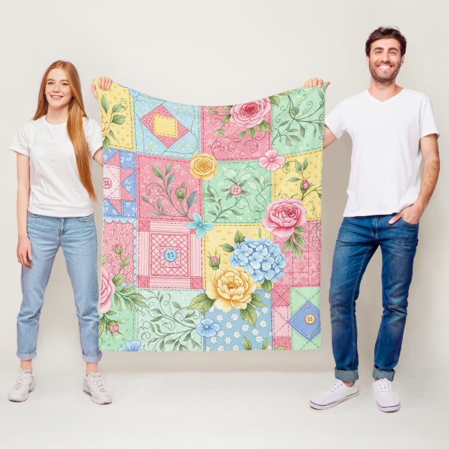 Couverture Polaire Motif Patchwork de Rose Romantique (En situation)