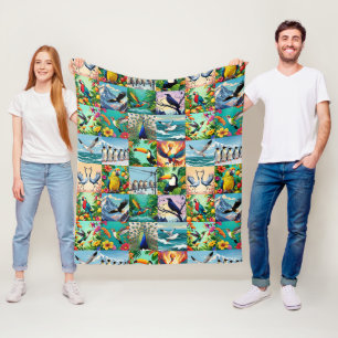 Couverture Polaire Motif Patchwork Oiseaux 