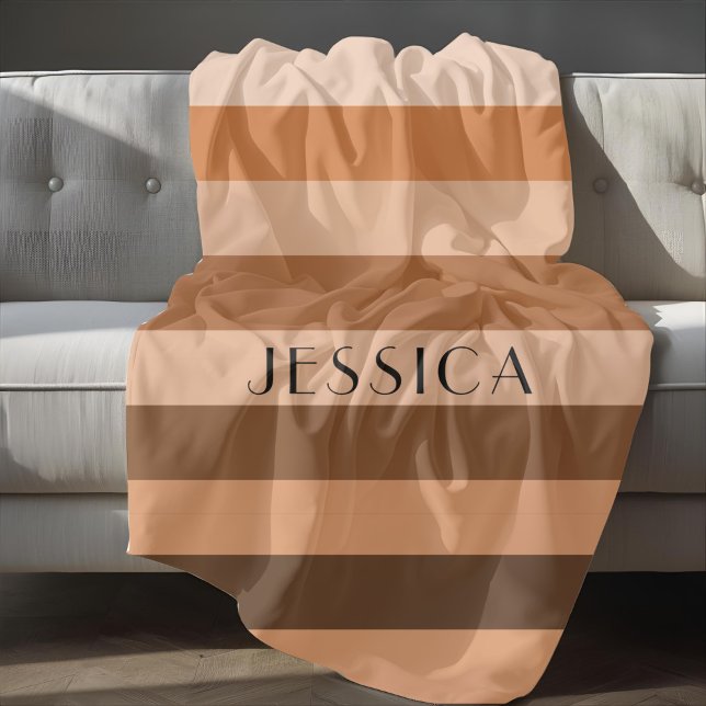 Couverture Polaire Motif Rayures Beige Marron Nom Monochrome (Brown Beige Stripes Pattern Monochrome Name Fleece Blanket)