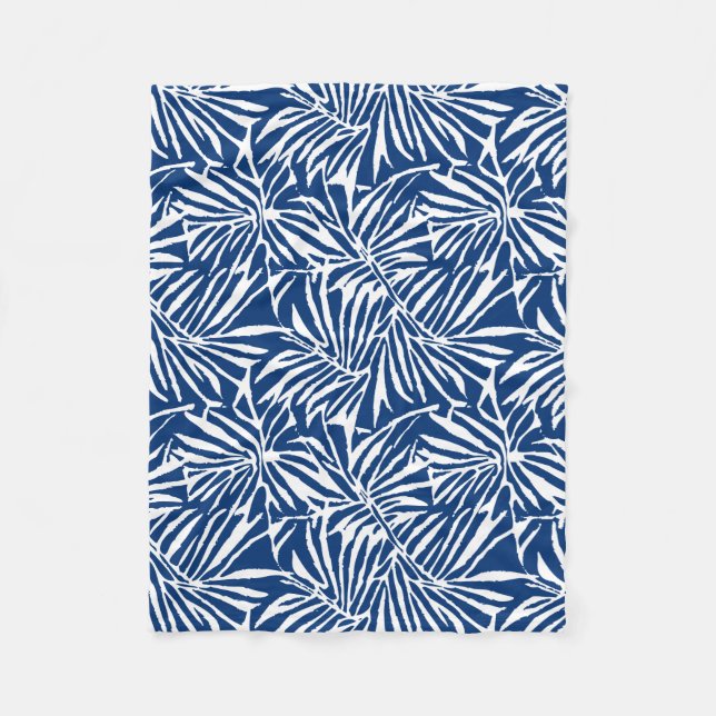 Couverture Polaire Motif Répétant de feuille tropicale blanche et ble (Devant)