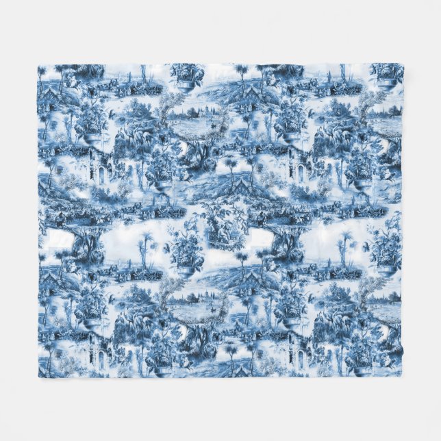 Couverture Polaire motif romantique en carrelage bleu portugais (Devant (Horizontal))