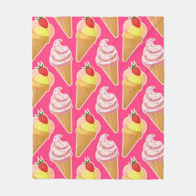 Couverture Polaire Motif rose Kawaii avec crème glacée aux fraises (Devant)