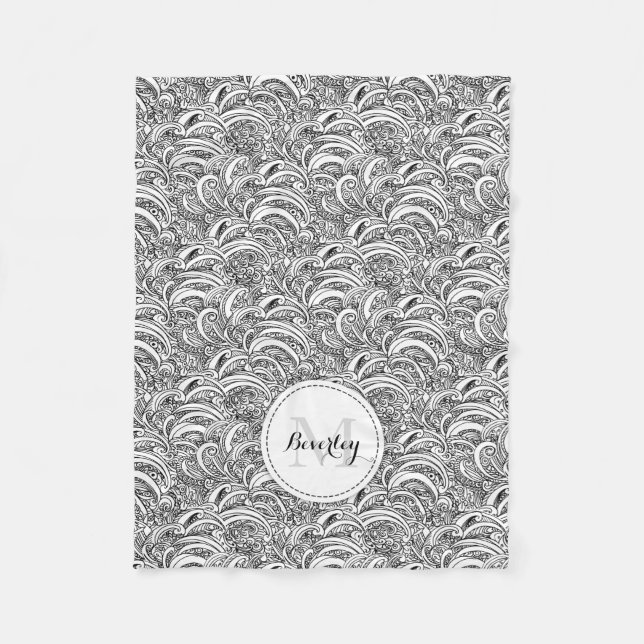 Couverture Polaire Motif rose Paisley noir blanc nom coussin (Devant)