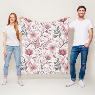 Couverture Polaire Motif Sakura en fleurs de cerises roses sur blanc