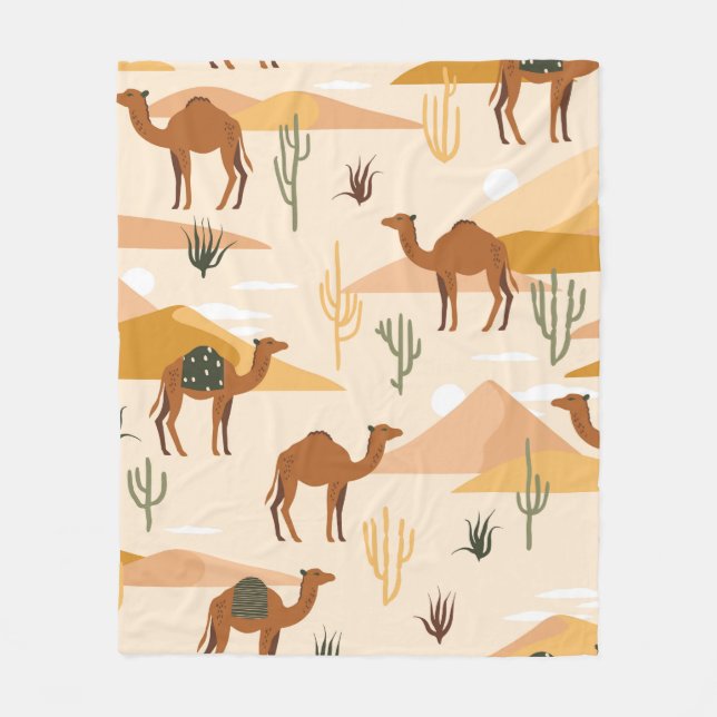 Couverture Polaire Motif sans couture avec chameaux, dunes et cactus. (Devant)