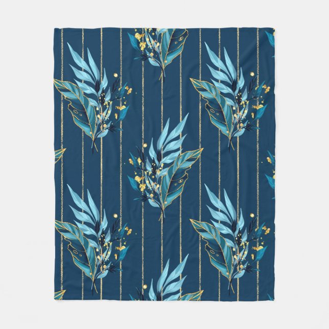 Couverture Polaire Motif sans couture avec feuilles bleus et rayures (Devant)