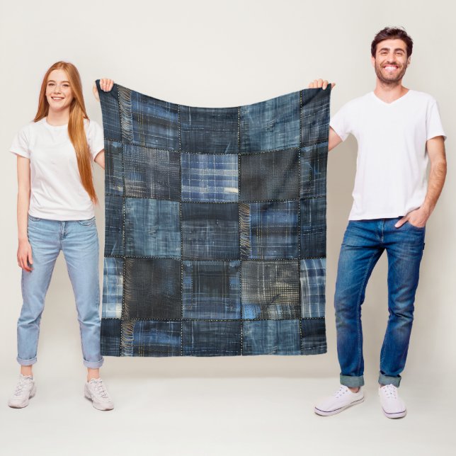 Couverture Polaire Motif sans couture patchwork denim indigo (En situation)