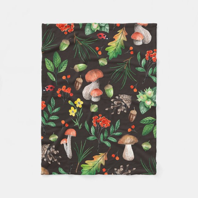 Couverture Polaire Motif sans joint avec champignons, noix, feuilles, (Devant)