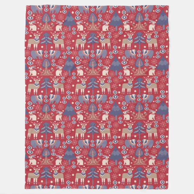 Couverture Polaire Motif scandinave nordique bronzage de rouge bleu (Devant)