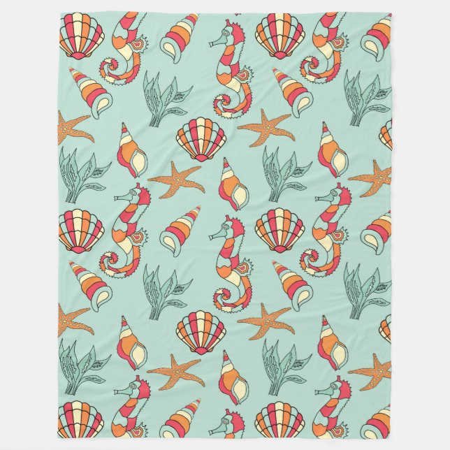 Couverture Polaire Motif Seahorse et Seashell Turquoise (Devant)