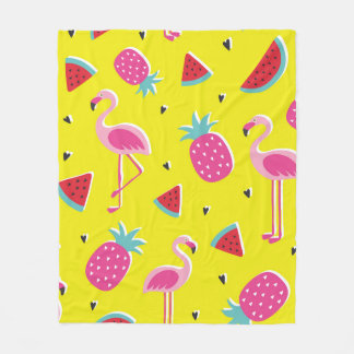 Couverture Polaire motif tropical à ananas rose, flamants roses, w