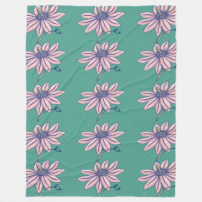 Couverture Polaire Motif Turquoise de confleur rose (Devant)