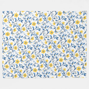 Couverture Polaire Motifs d'art populaire floral ukrainien. Bleu et j