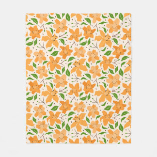 Couverture Polaire motifs floraux de lys oranges et de feuilles verts