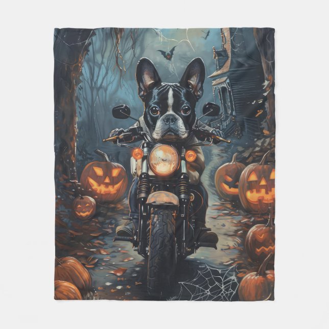Couverture Polaire Moto à cheval Boston Terrier Halloween effrayant (Devant)