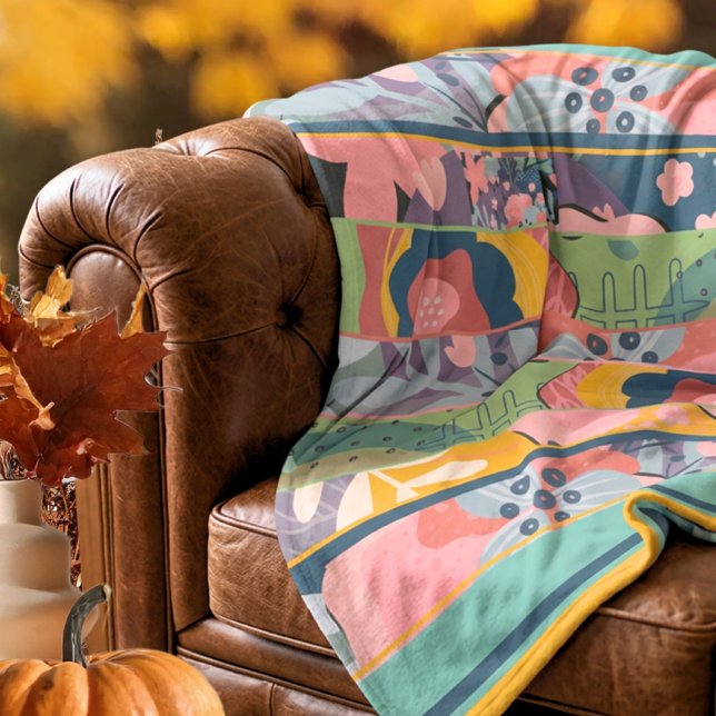 Couverture Polaire Moutarde sarcelle automne floral patchwork (Mustard Teal Fall Floral Patchwork Fleece Blanket – Susanne Sachers - Sunny Mind 🌞)