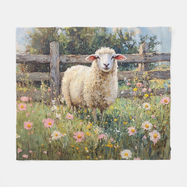 Couverture Polaire Moutons de printemps avec peinture Fleur sauvage (Devant (Horizontal))