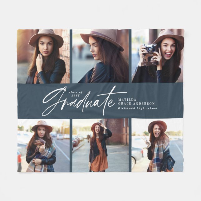 Couverture Polaire Multi photo moderne marine bleu script graduation (Devant (Horizontal))