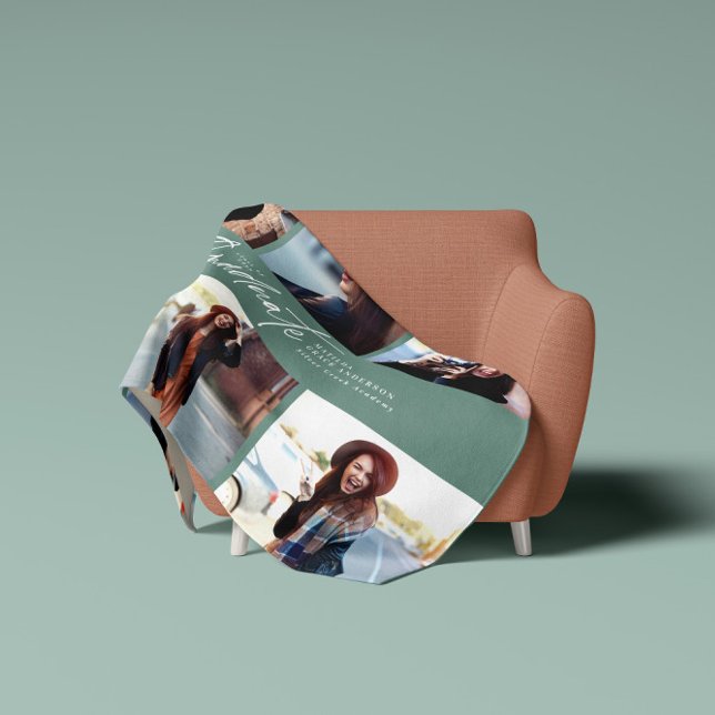 Couverture Polaire Multi photo moderne sauge vert script graduation (Créateur téléchargé)