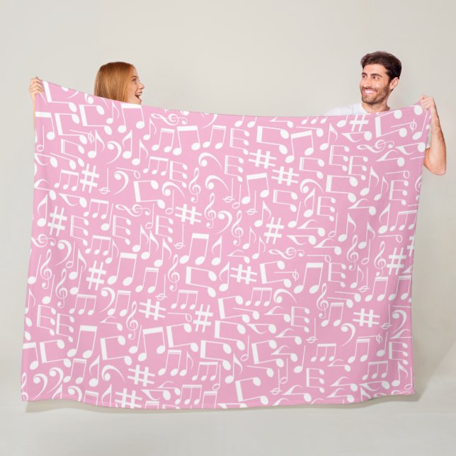 Couverture Polaire Musique Danse Notes Blanches Rose Pâle (En situation)