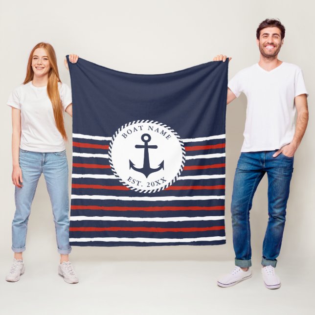 Couverture Polaire Nautical Navy Blue Red White Ancre Nom du bateau (En situation)
