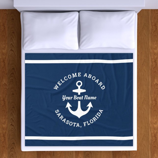 Couverture Polaire Nautical Navy Blue Welcome Aboard Nom du bateau An (Créateur téléchargé)