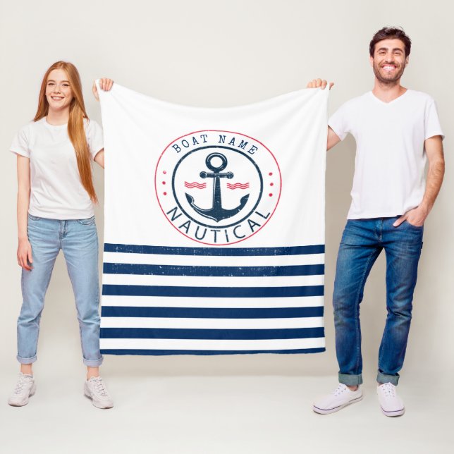 Couverture Polaire Nautique, nom de bateau, ancrage bleu marine rayé (En situation)