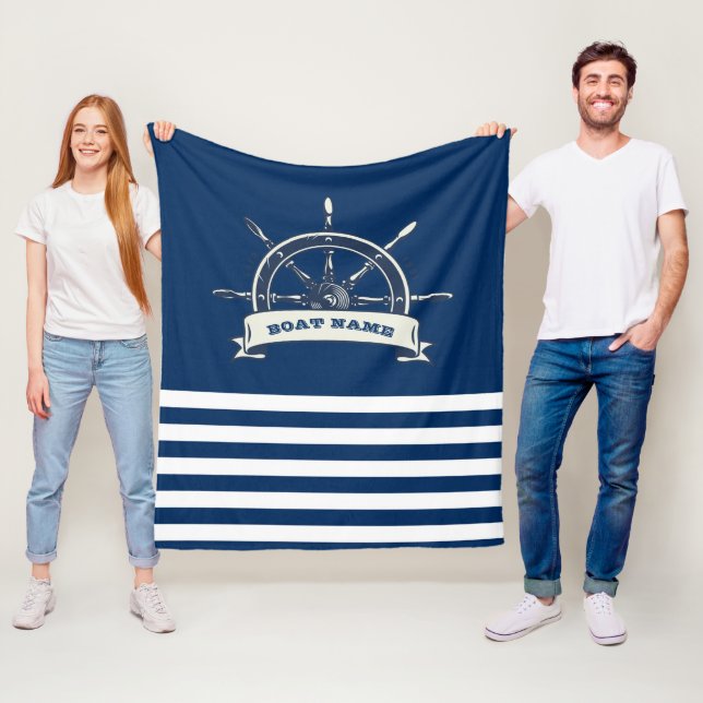 Couverture Polaire Nautique, Roue de Bateau, Rayures Bleu Marine (En situation)