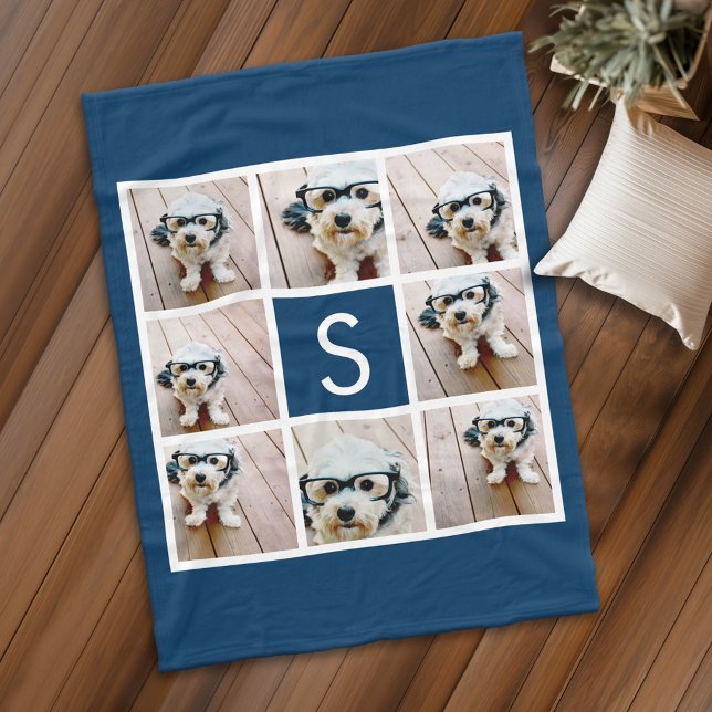 Couverture Polaire Navy 8 Photo Collage Custom monogram (Personalized fleece blanket with 8 photos and a monogram)