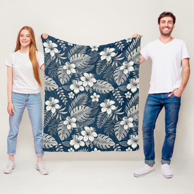 Couverture Polaire Navy Blue Hibiscus Monstera Tropical Botanical (En situation)