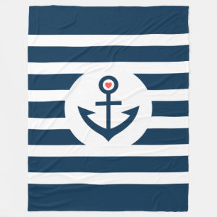 Couverture Polaire Navy-Blue Stripes & Nautical Boat Anchor