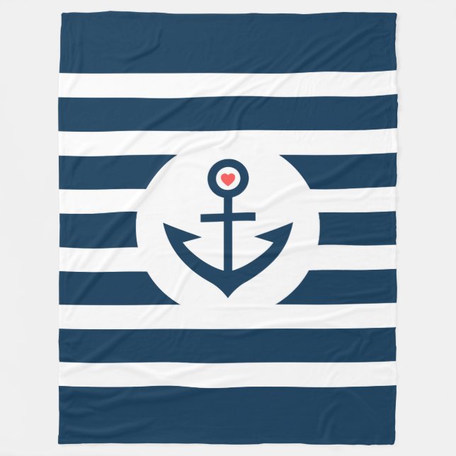 Couverture Polaire Navy-Blue Stripes & Nautical Boat Anchor (Devant)