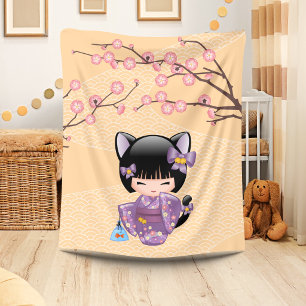 Couverture Polaire Neko Kokeshi Poupée - Cat Ears Geisha Girl