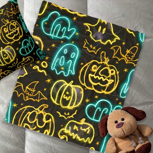 Couverture Polaire Neon Éffrayant Halloween Ghost Bats Motif Citrouil (Créateur téléchargé)