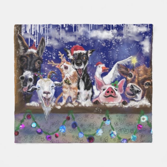 Couverture Polaire Noël Animal Party Funny Fleece Blanche (Devant (Horizontal))