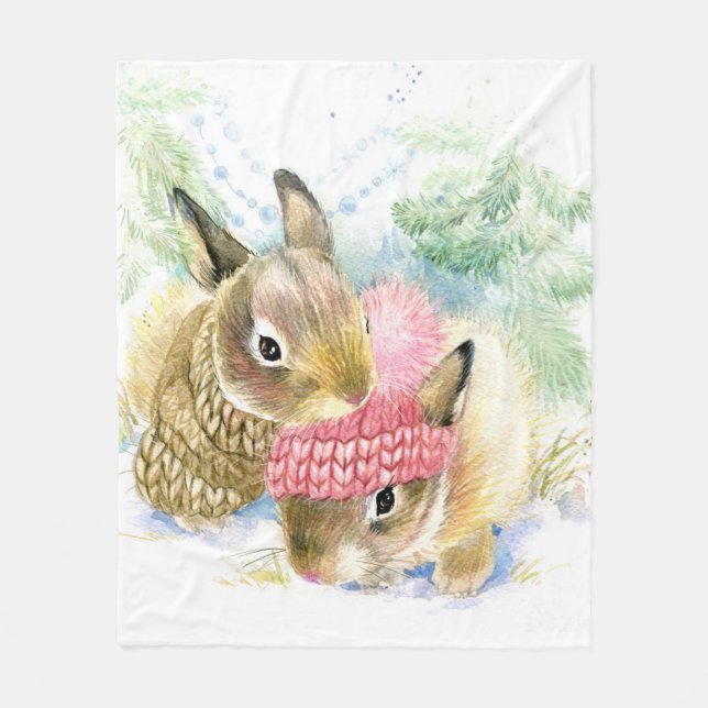 Couverture Polaire Noël | Aquarelle - Bunnies de forêt d'hiver (Devant)