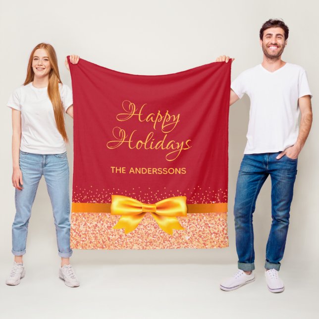 Couverture Polaire Noël Arc ruban rose or rouge (En situation)