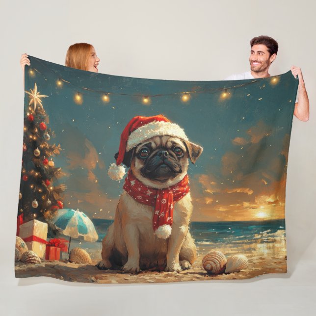 Couverture Polaire Noël Chien Carlin Plage Vintage (En situation)