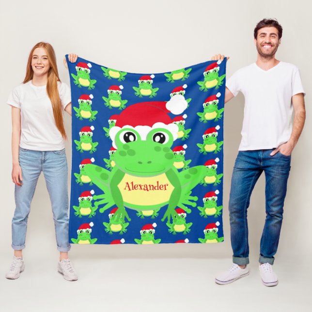 Couverture Polaire Noël Cute Frog Santa Hat Blue Novelité (En situation)