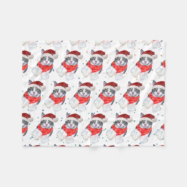 Couverture Polaire Noël de chat tabby gris et blanc drôle (Devant (Horizontal))