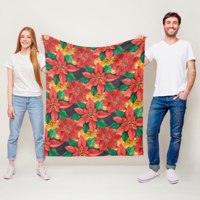 Couverture Polaire Noël des Poinsettias Rouge et Or (En situation)