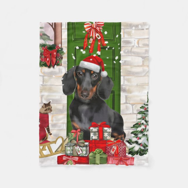 Couverture Polaire Noël du chien Dachshund (Devant)