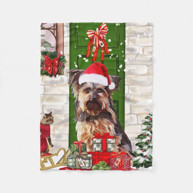 Couverture Polaire Noël du chien Yorkie (Devant)