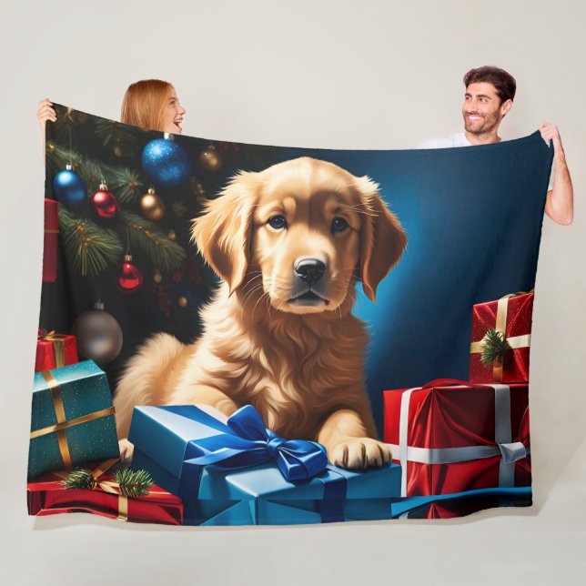 COUVERTURE POLAIRE NOËL GOLDEN RETRIEVER PUPPY (En situation)
