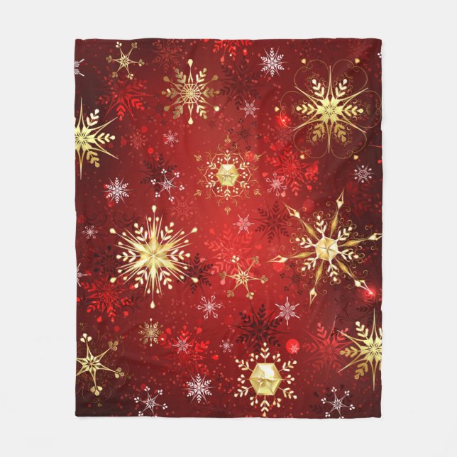 Couverture Polaire Noël Golden Snowflakes sur Arrière - plan rouge (Devant)