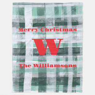 Couverture Polaire Noël monogramme plaid tartan vert blanc rouge