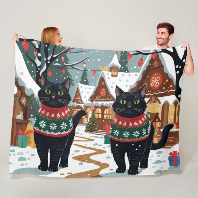 Couverture Polaire Noël neigeux avec chat noir de Noël (En situation)